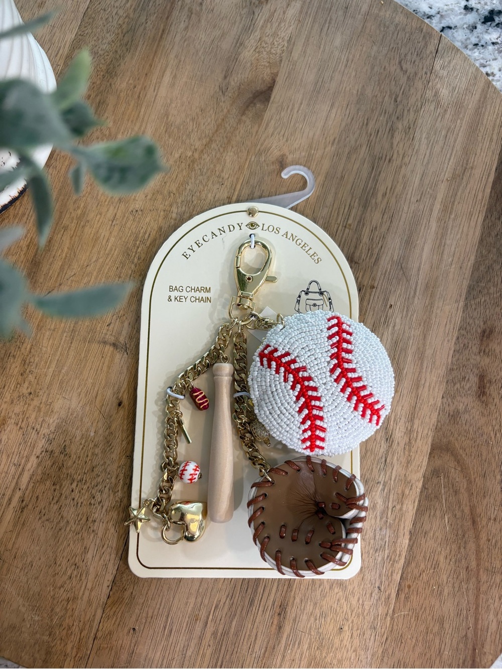 eye candy White & Red Baseball Bag Charm Keychain with Glove and Bat